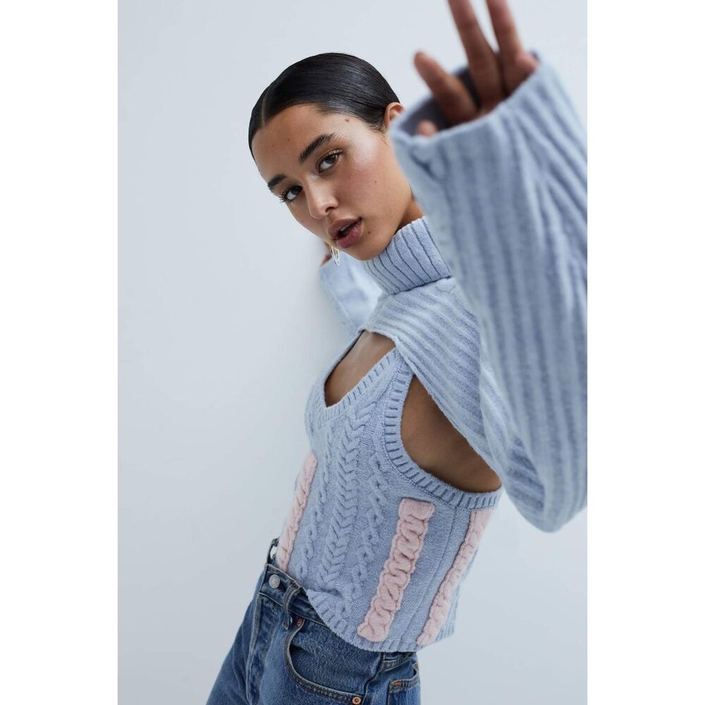 For Love & Lemons Blue & Pink Cable Knit 2-Piece Set Cropped Tank & Shrug XS/S - Picture 9 of 16